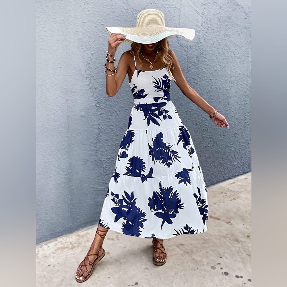 SHEIN Tropical Blue and White Dress with an Open back design